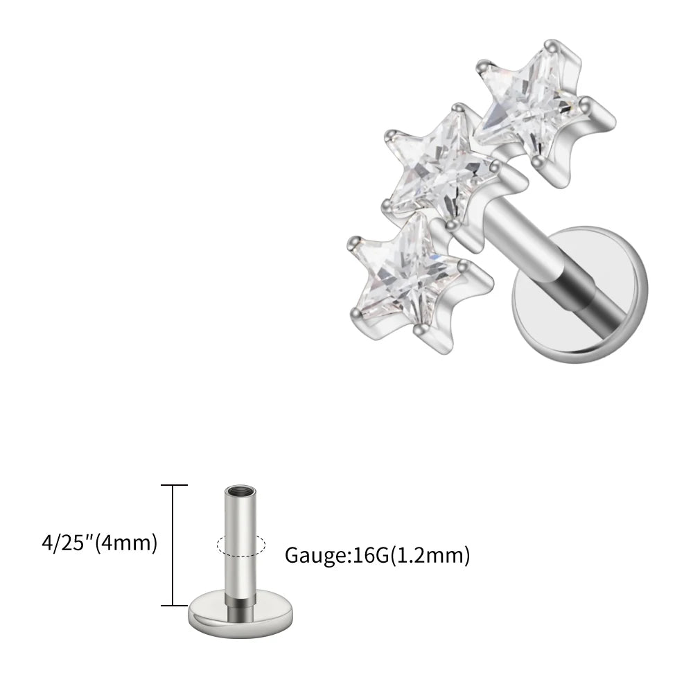 Right Grand ASTM F136 Titanium Triple Star Cluster Cartilage Earring 16G Flat Back Labret Stud Tragus Helix Piercing Jewelry