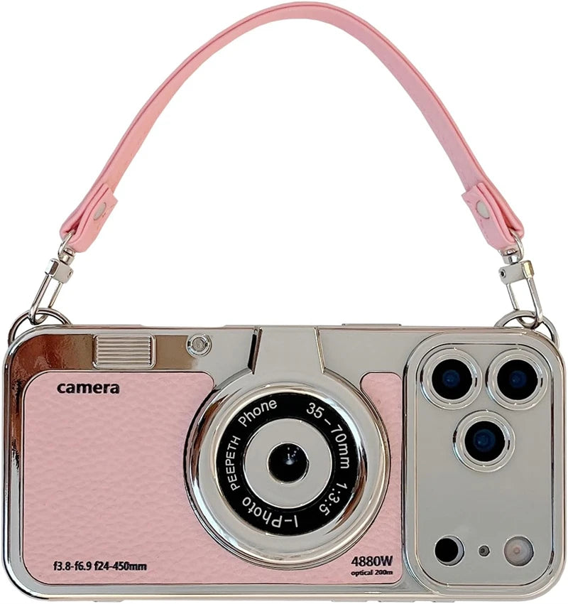 3D Vintage Camera Phone Case with Hand Strap for IPhone Air 17 16 15 14 13 12 Pro Max Plus 17Pro Shockproof Phone Leather Cover