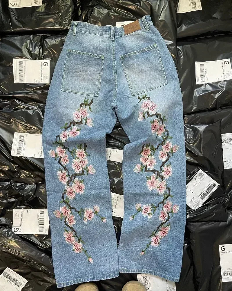 2025 autumn new European and American jeans embroidered pattern loose and personalized street Harajuku straight trousers