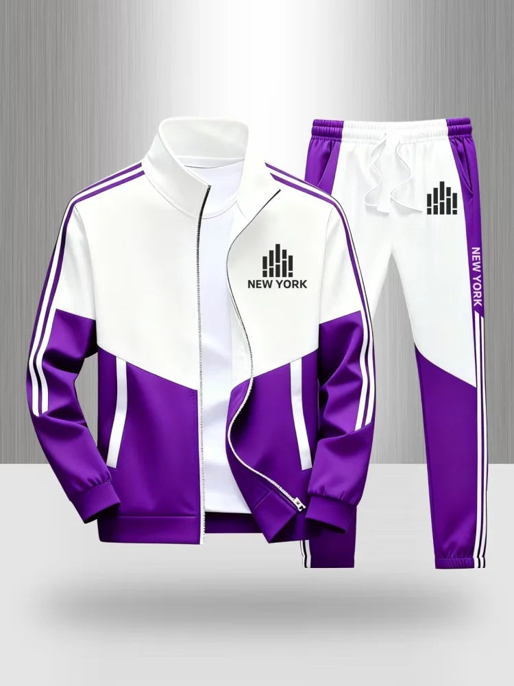 Tracksuit Men's Matching Set Sportswear Color Block Zip Up Jacket and Jogger Pants New York Print Casual Athletic 2 Piece Outfit