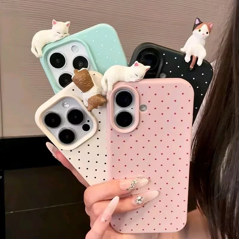 Korea Lovely Polka Dot Pattern Phone Case For iPhone 18 17 16 15 14 13 12 11 Pro Max Plus X Cute 3D Cartoon Cat Shockproof Cover