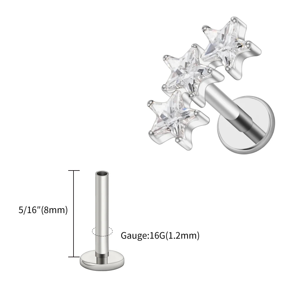 Right Grand ASTM F136 Titanium Triple Star Cluster Cartilage Earring 16G Flat Back Labret Stud Tragus Helix Piercing Jewelry