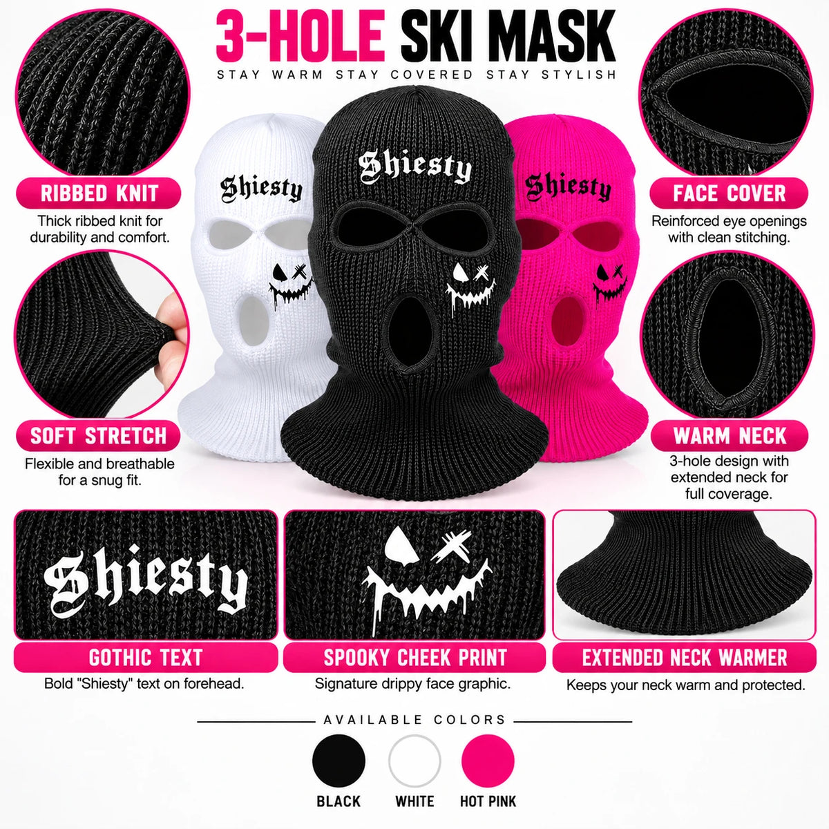Shiesty Knit Ski Mask 3 Hole Balaclava,Warm Ribbed Winter Face Cover With Ghost Print, Soft Stretch Full Face Mask For Skiing