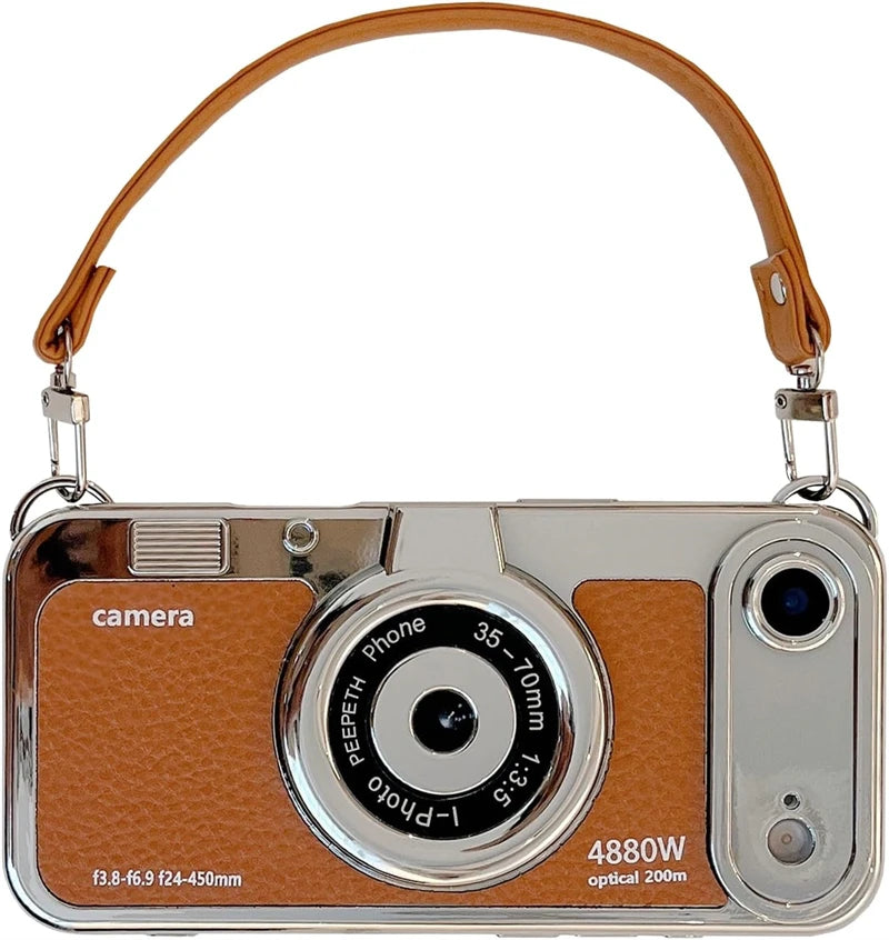 3D Vintage Camera Phone Case with Hand Strap for IPhone Air 17 16 15 14 13 12 Pro Max Plus 17Pro Shockproof Phone Leather Cover