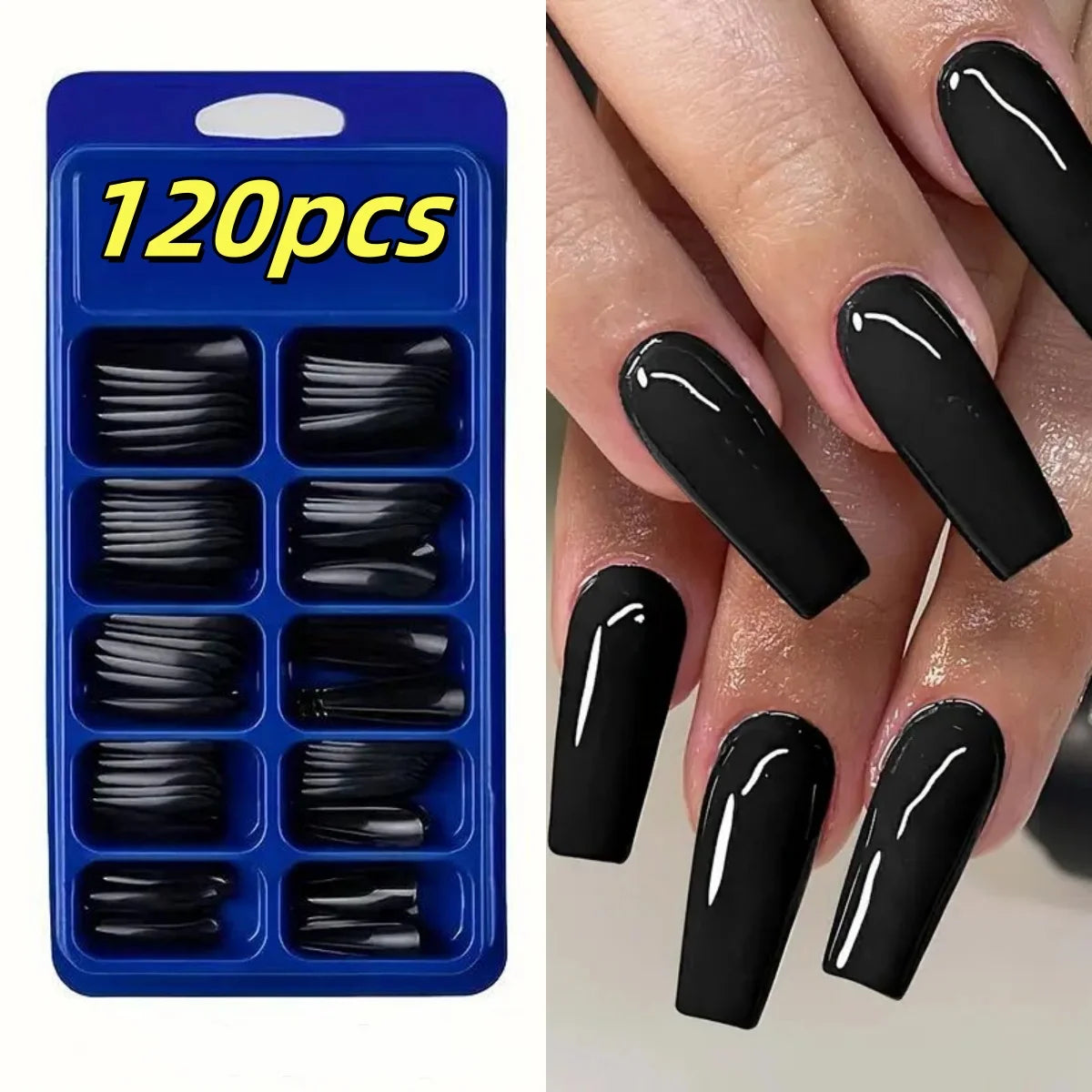 120pcs Long Coffin Black Press-On Nails Full Cover Ballet Square Shape False Nails