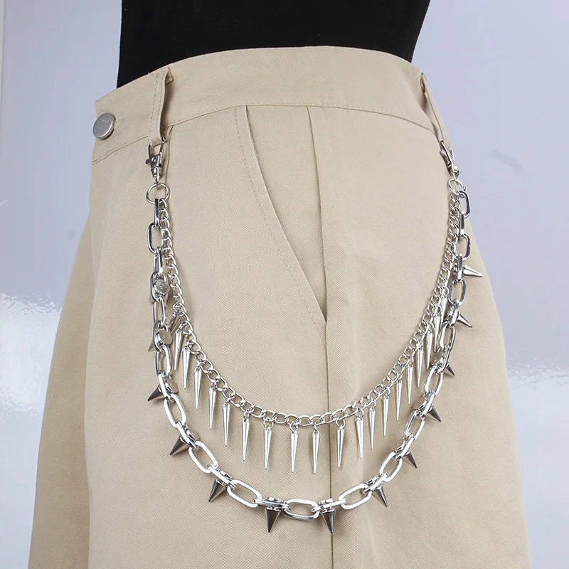 New Punk Rivets Pants Chain for Women Men Hip Hop Silver Color Multilayer Waist Chain Dress Jewelry Gothic Rock Accessories