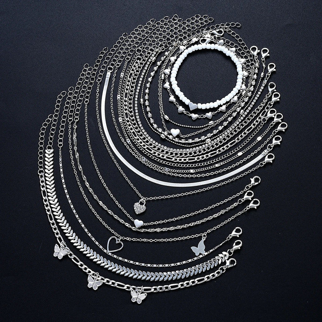 19Pcs/Set New Design Silver Color Anklet Sets for Women Fashion Pearl Butterfly Heart Crystal Foot Chain Versatile Daily Jewelry