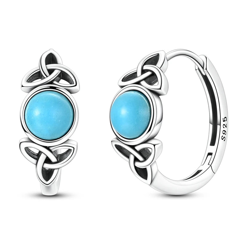 Original 925 Sterling Silver Unique Design Celtic Knot Blue Turquoise Hoop Earrings For Women Jewelry Gift