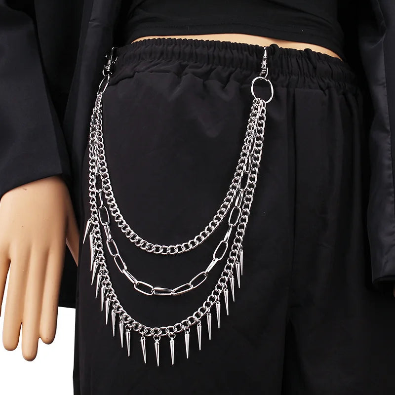 New Punk Rivets Pants Chain for Women Men Hip Hop Silver Color Multilayer Waist Chain Dress Jewelry Gothic Rock Accessories