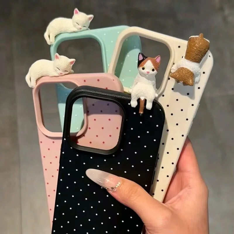 Korea Lovely Polka Dot Pattern Phone Case For iPhone 18 17 16 15 14 13 12 11 Pro Max Plus X Cute 3D Cartoon Cat Shockproof Cover