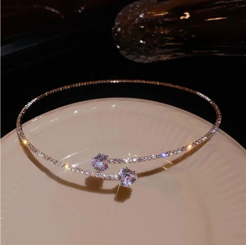 Fashion Rhinestone Heart Collar Choker Necklace for Women Simple Open Collar Necklace Torques Jewelry Accessories
