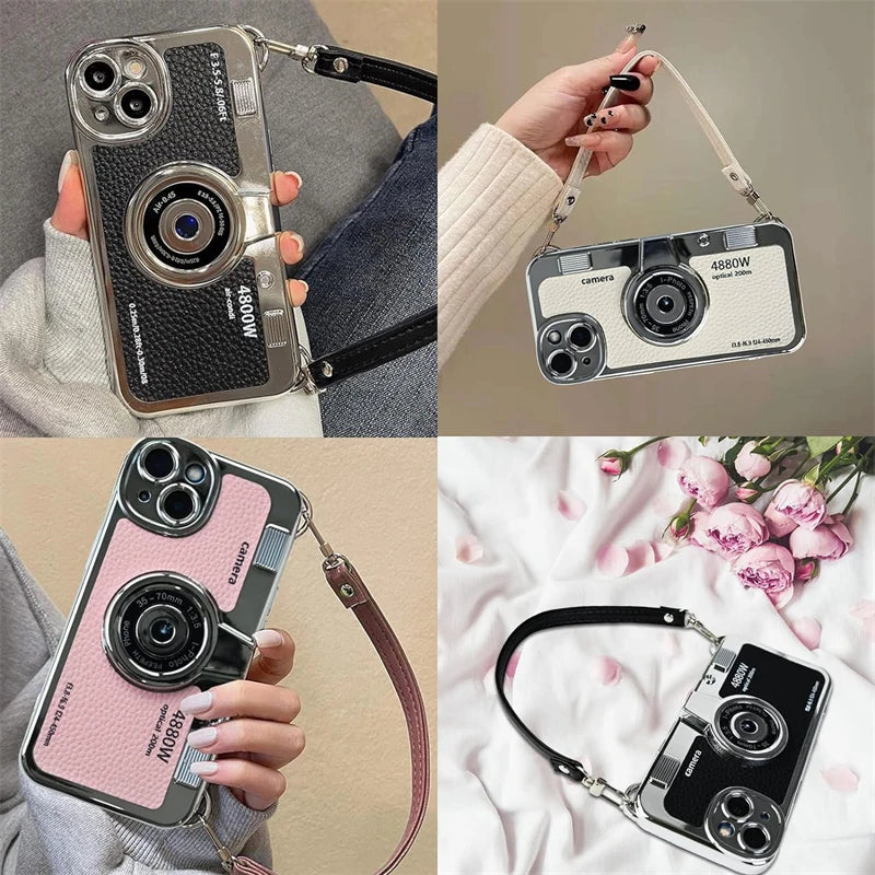 3D Vintage Camera Phone Case with Hand Strap for IPhone Air 17 16 15 14 13 12 Pro Max Plus 17Pro Shockproof Phone Leather Cover